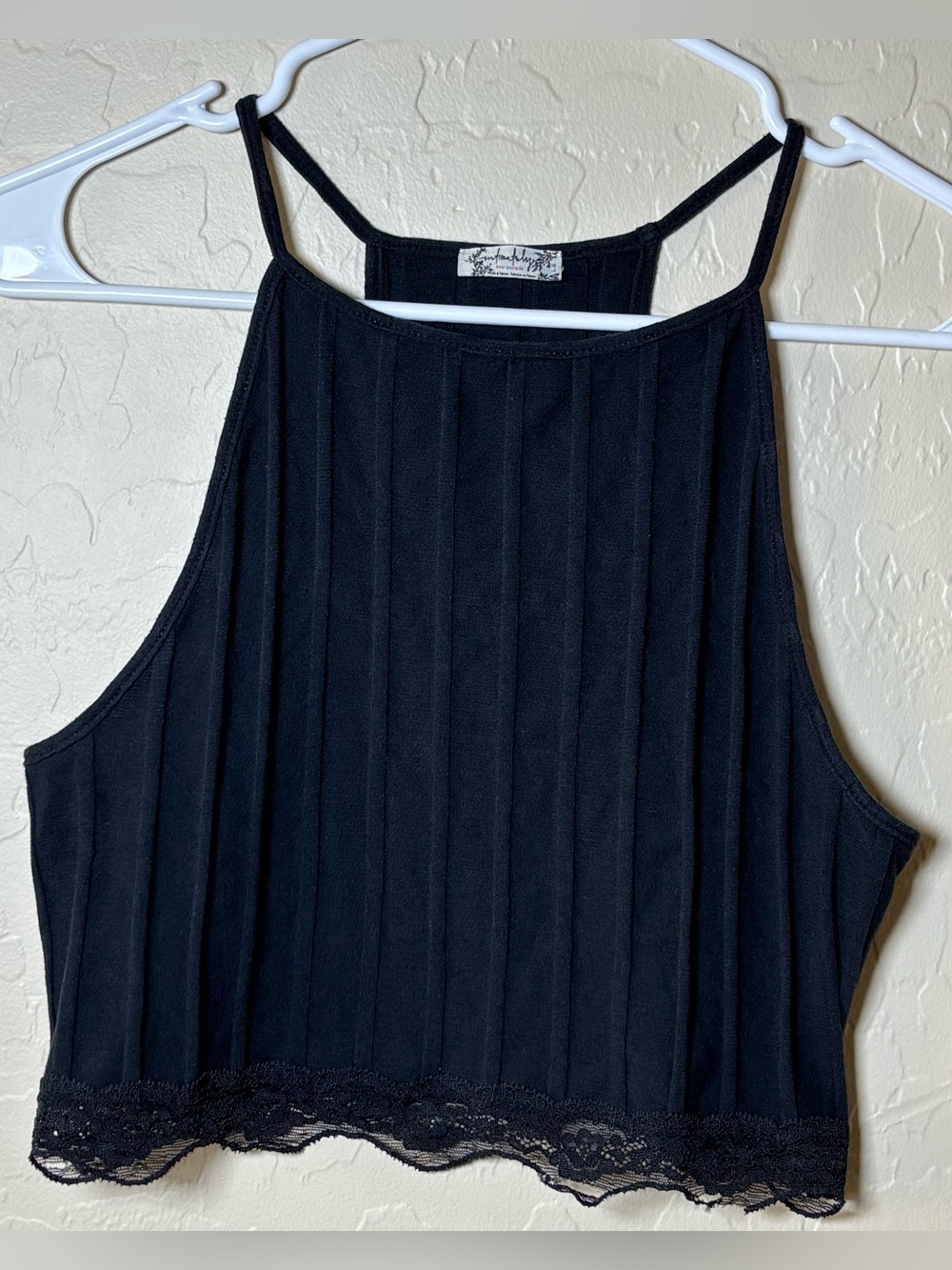 Intimately Free People Black Ribbed Lace-Hem High-Neck Camisole Large
